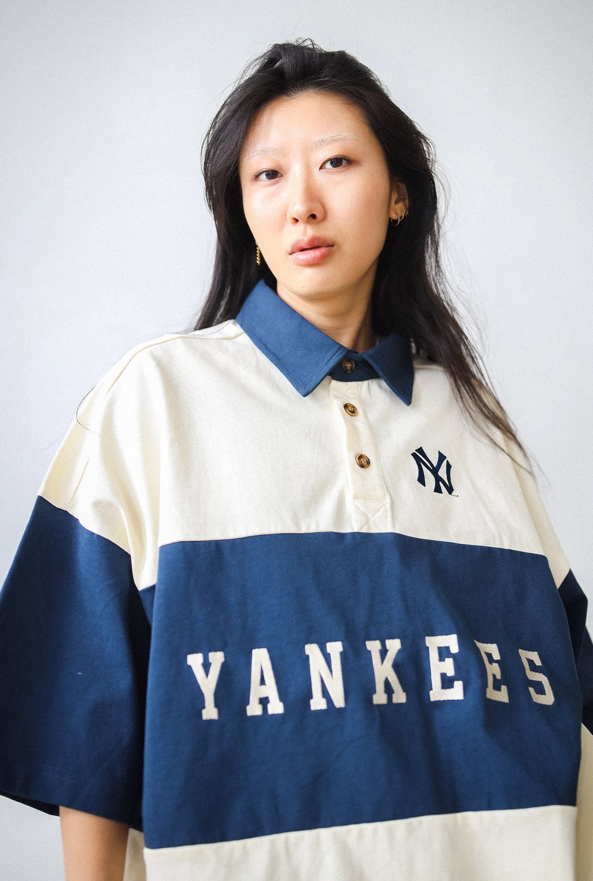 New York Yankees Vintage Color Blocked Oversized Polo - Navy / White