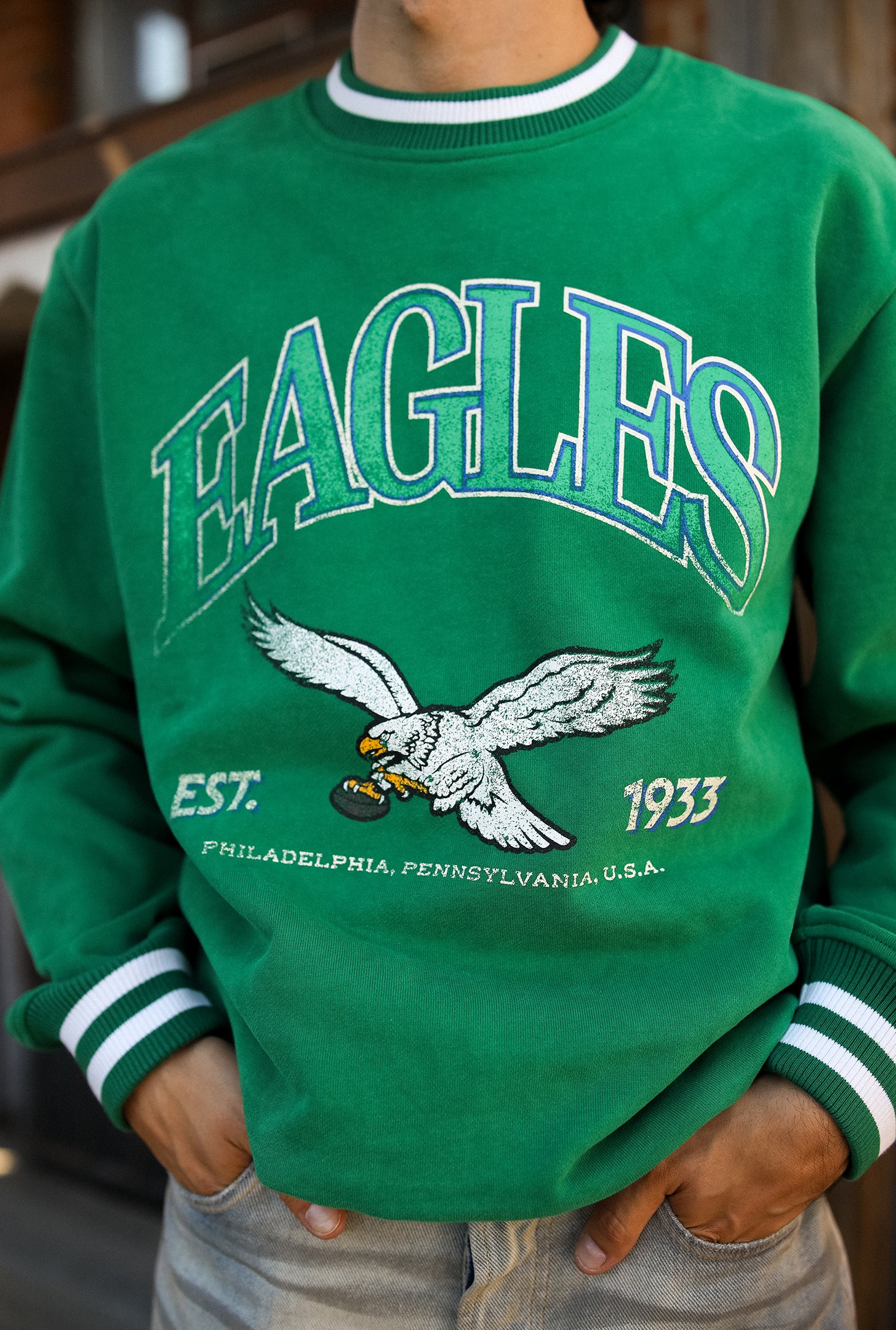 Philadelphia Eagles Vintage Striped Heavyweight Crewneck - Kelly Green