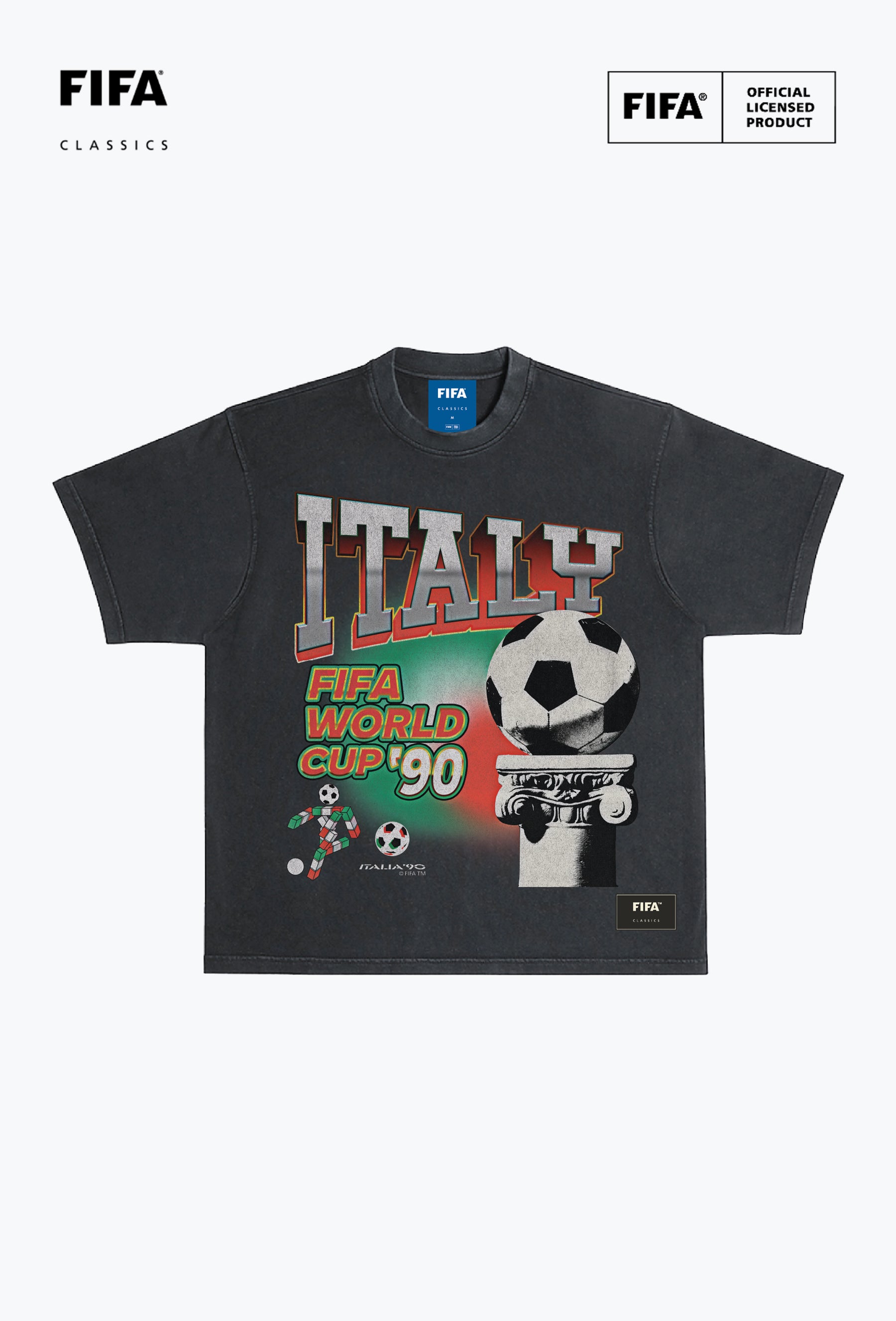 Coupe du Monde de la FIFA 1990 Italie - T-shirt noir teint en pièce, impression photoréaliste, poids lourd.