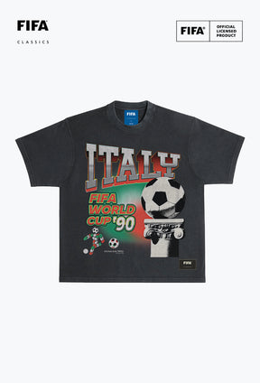 Coupe du Monde de la FIFA 1990 Italie - T-shirt noir teint en pièce, impression photoréaliste, poids lourd.