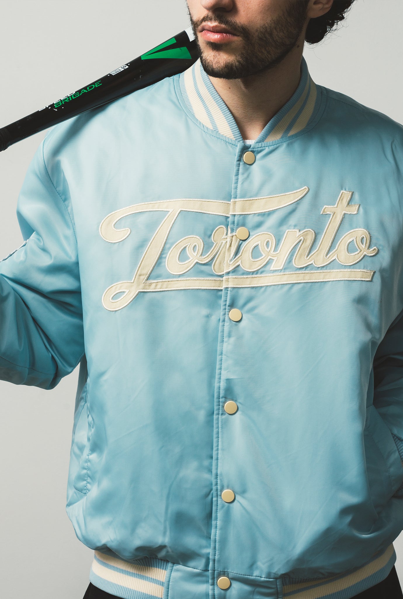 Toronto Blue Jays Ribbed Nylon Varsity Jacket - Baby Blue