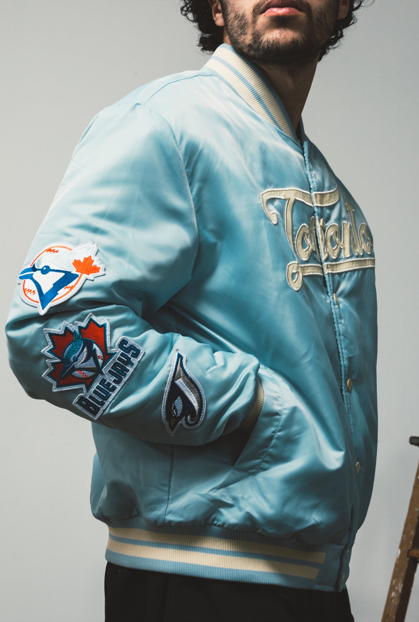 Toronto Blue Jays Ribbed Nylon Varsity Jacket - Baby Blue