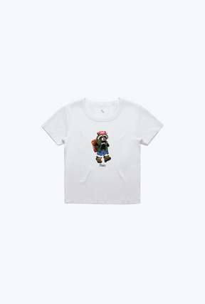 Trash Teddy Summer Vacation: Hiking Teddy Baby Tee - White