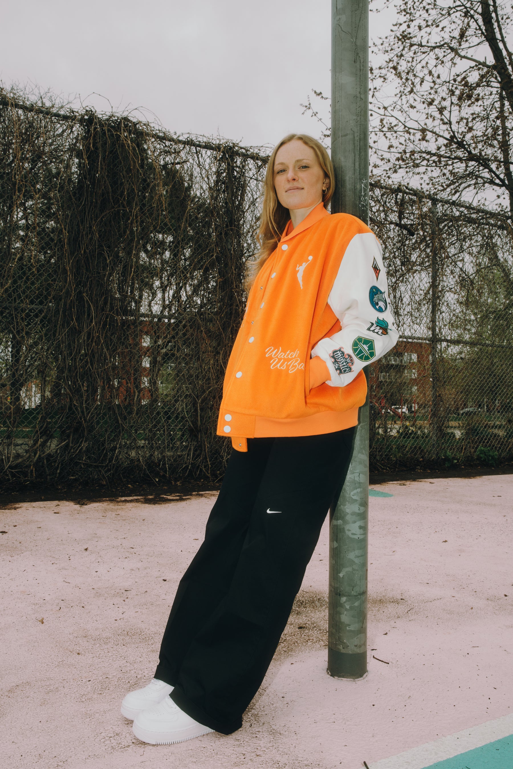 Women Run the Court Letterman Jacket - Orange/Ivory
