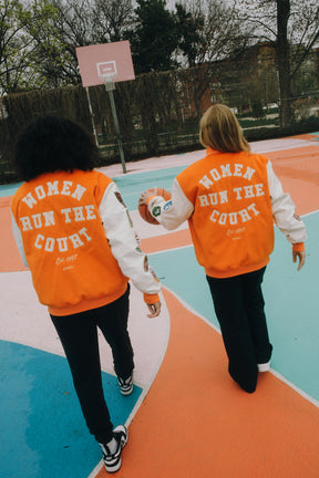 Women Run the Court Letterman Jacket - Orange/Ivory