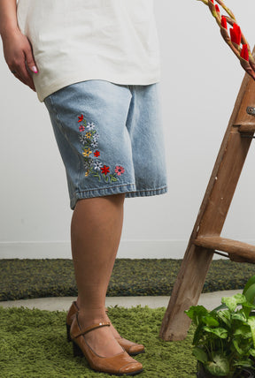 Peace Baggy Floral Denim Shorts - Blue