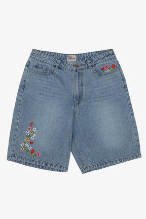 Peace Baggy Floral Denim Shorts - Blue