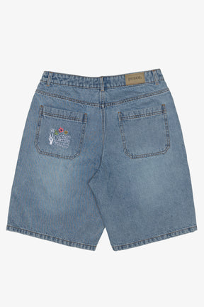 Peace Baggy Floral Denim Shorts - Blue